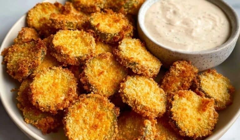 Air Fryer Fried Pickles served with creamy ranch dip in a white bowl