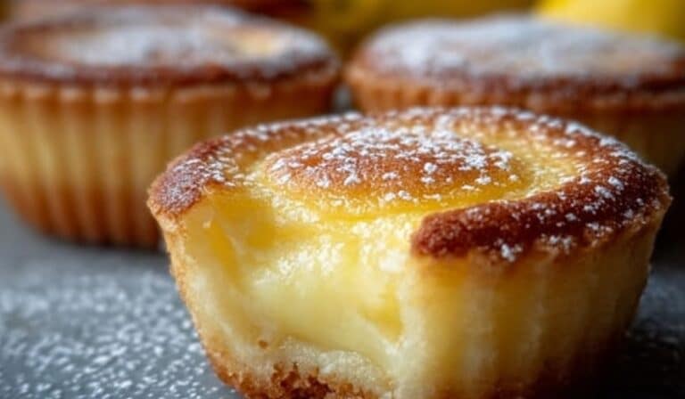 Baby Lemon Impossible Pies with golden crust and creamy lemon filling dusted with powdered sugar