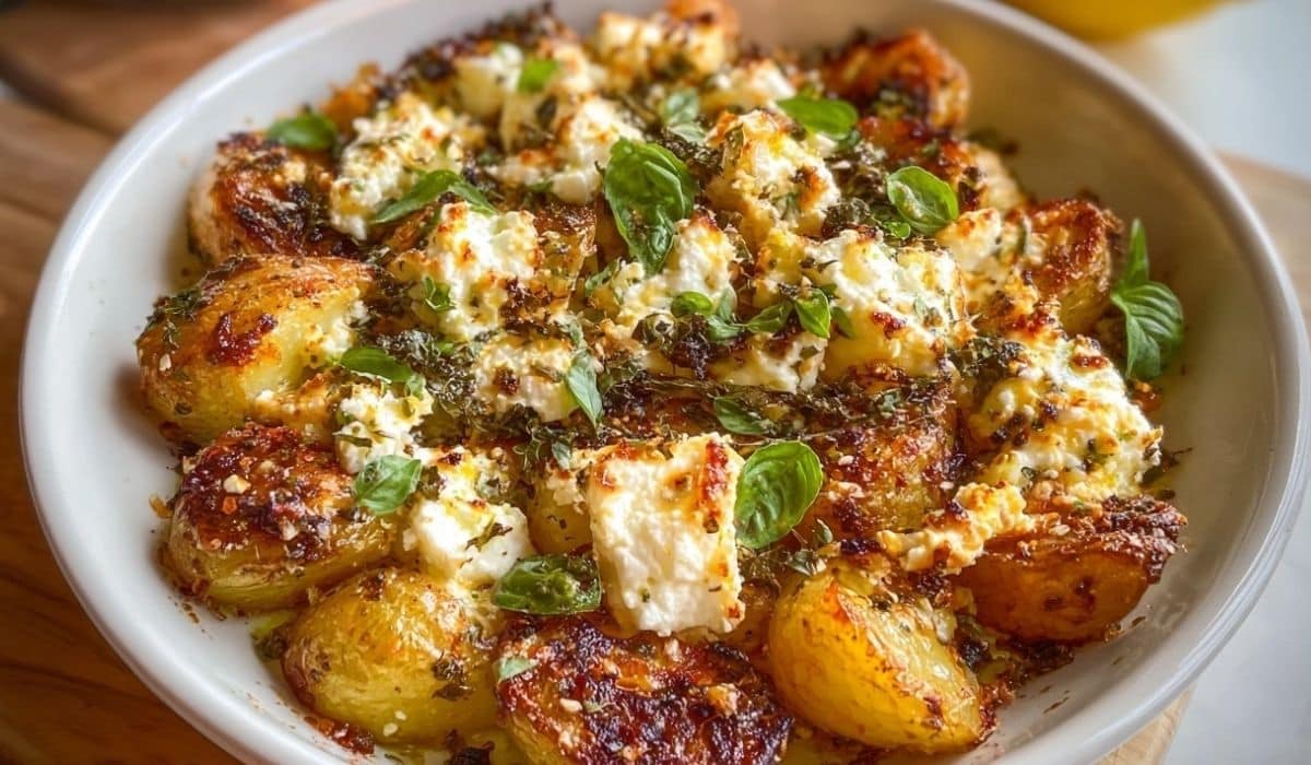 Baked feta potatoes served in a white bowl with golden crispy edges and fresh herbs