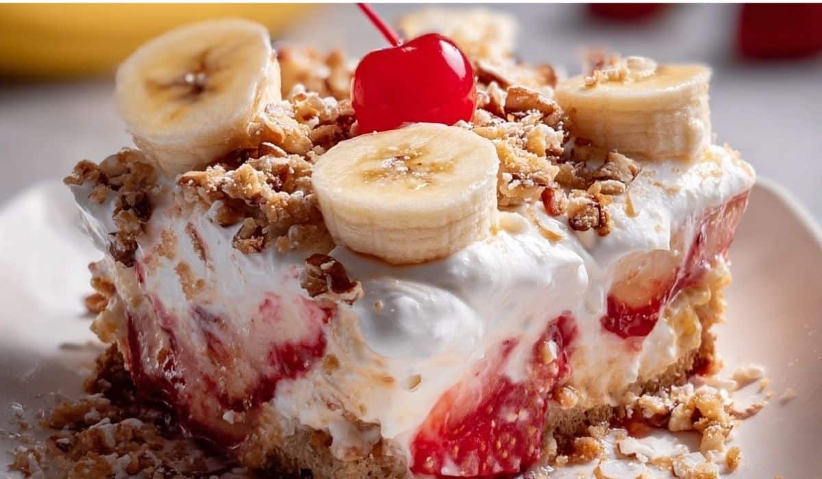 Banana Split Dump Cake slice topped with bananas, cherries, and crushed nuts