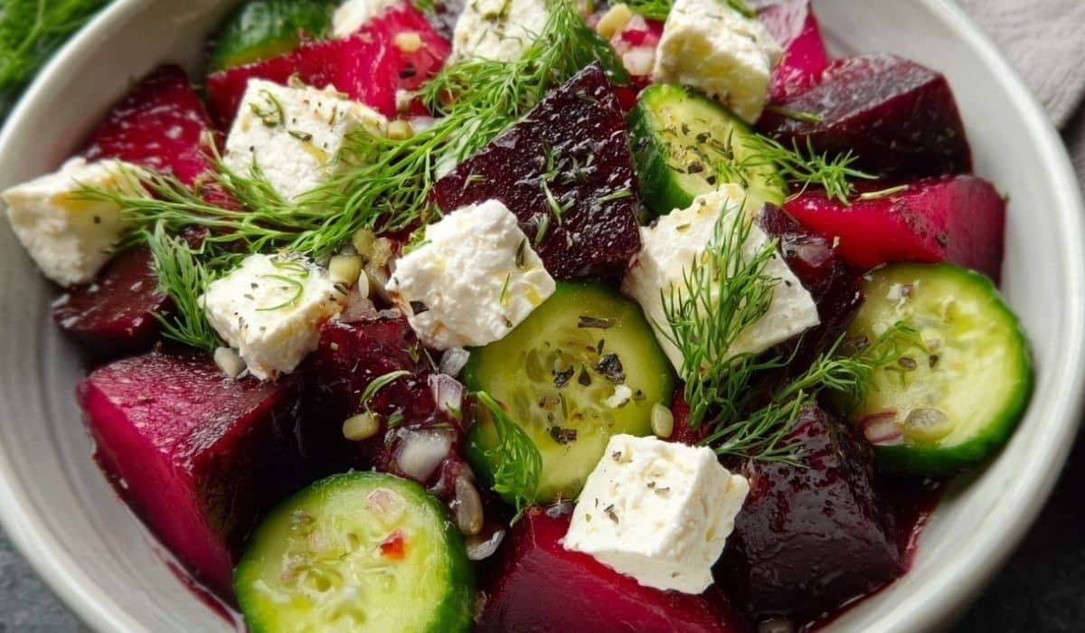 Beet Salad with Feta, Cucumbers and Dill served fresh in a bowl