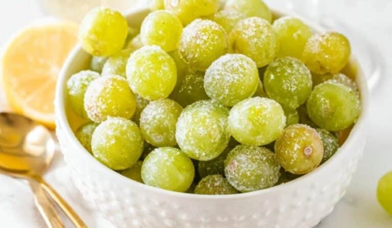 Fresh Champagne Grapes in a white bowl with sugar coating