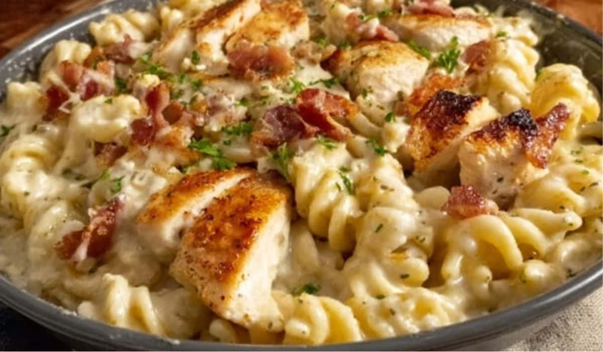 Chicken Bacon Ranch Pasta with grilled chicken, crispy bacon, and creamy ranch sauce