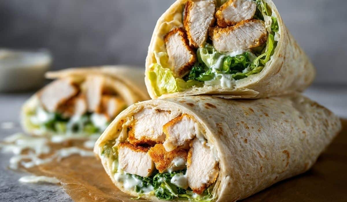Chicken Caesar Wrap with grilled chicken, crisp romaine, and creamy Caesar dressing