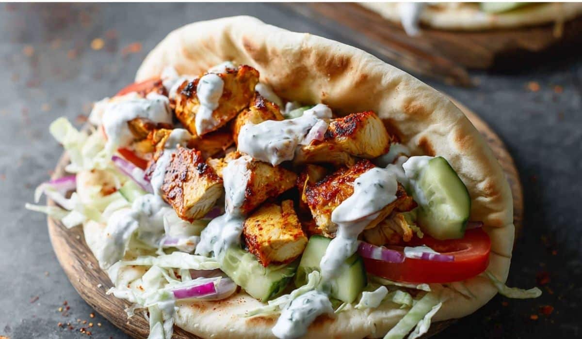 Chicken Gyros with grilled chicken, fresh veggies, and tzatziki sauce