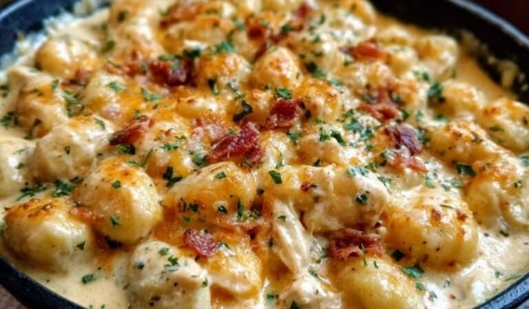 Creamy Crack Chicken Gnocchi with bacon and cheddar topping