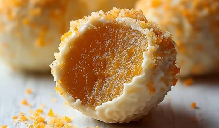 Creamy No-Bake Orange Truffles coated in white chocolate with vibrant orange filling