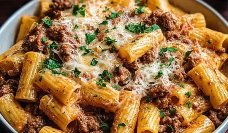 Creamy Parmesan Beef Rigatoni served in a bowl, topped with grated Parmesan and parsley