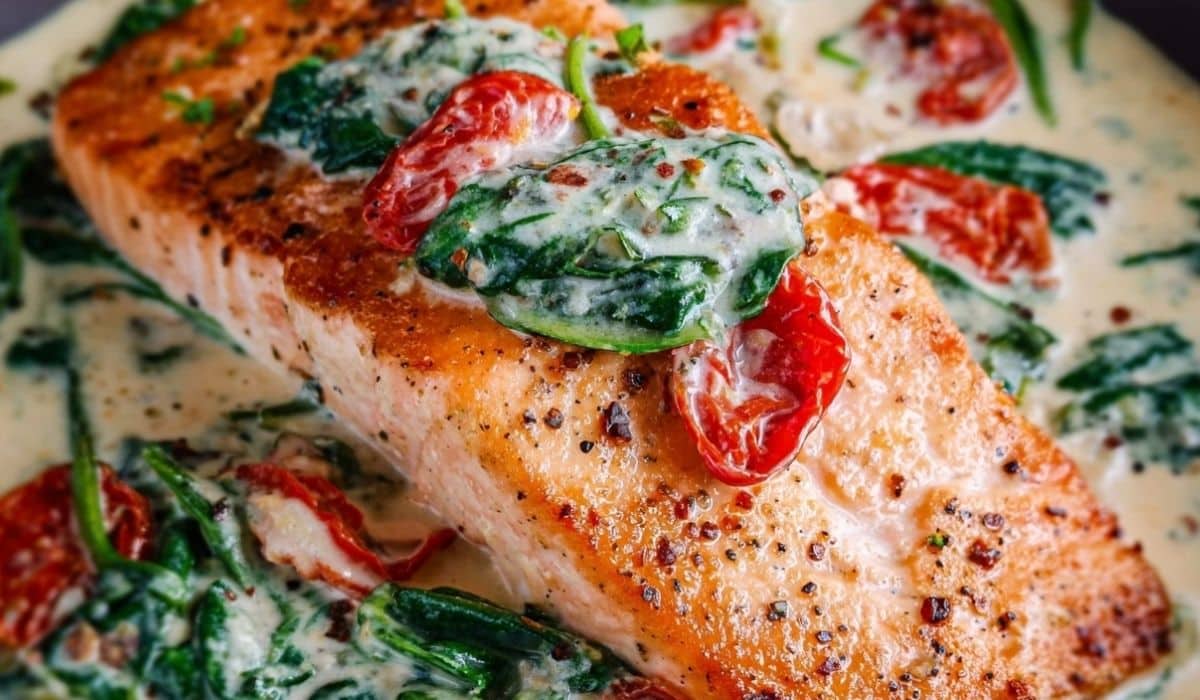 Creamy Tuscan Salmon with garlic cream sauce, spinach, and sun-dried tomatoes