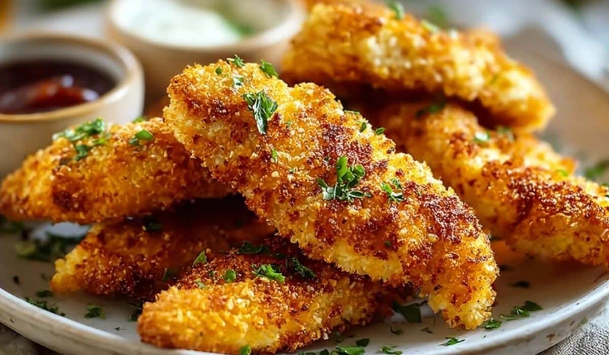 Crispy Baked Chicken Tenders stacked on a plate with dipping sauces