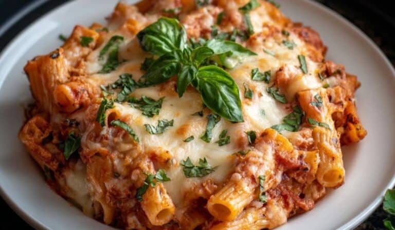 Crockpot Baked Ziti served on a white plate with fresh basil