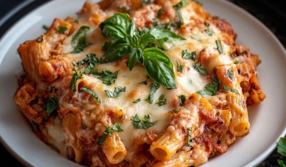Crockpot Baked Ziti served on a white plate with fresh basil