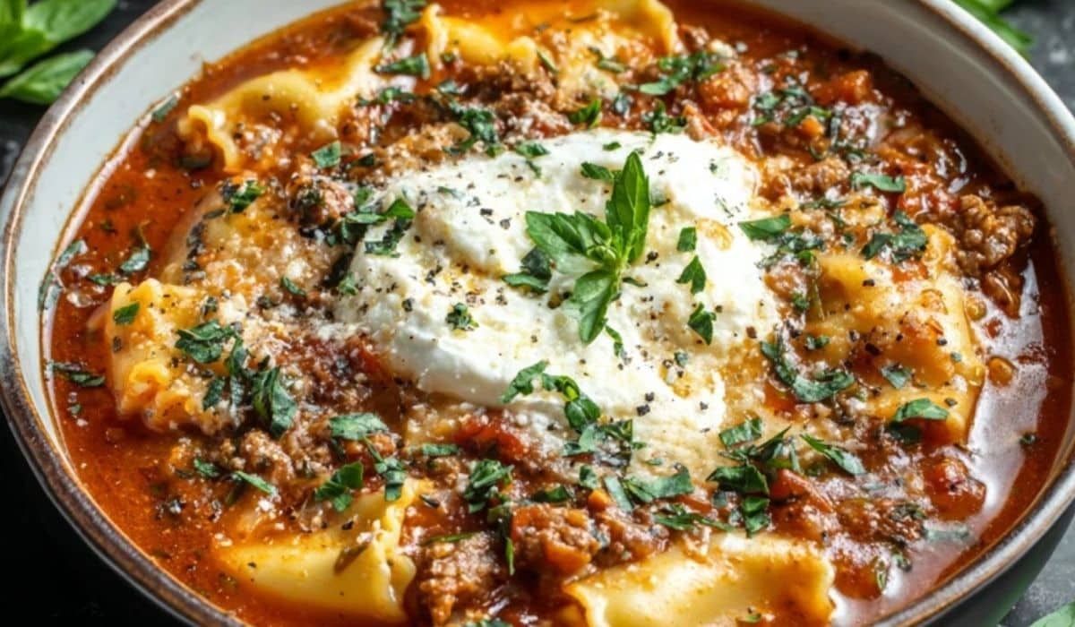 Crockpot Lasagna Soup served in a white bowl topped with creamy ricotta