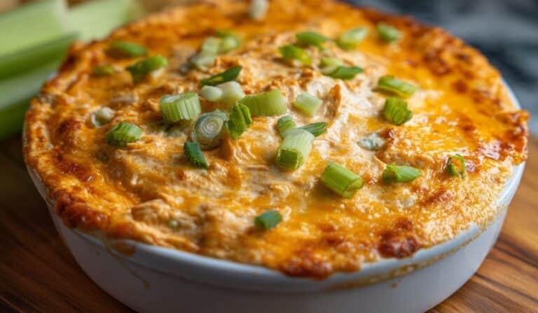 Easy Buffalo Chicken Dip in a baked white dish topped with chopped green onions