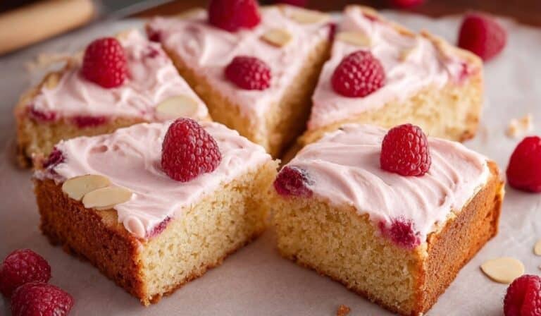 Almond Raspberry Cake with fresh raspberries and pink frosting