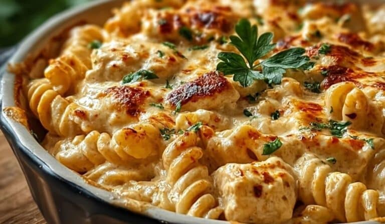 Cajun Cream Cheese Chicken Pasta Bake topped with melted cheese and parsley