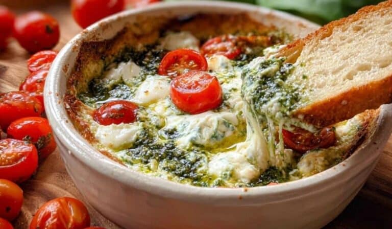 Caprese Dip with cherry tomatoes, melted mozzarella, and pesto served with toasted bread