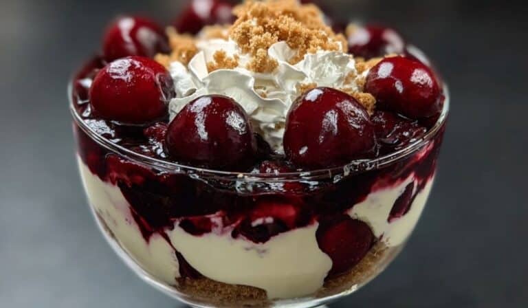 Cherry Cheesecake Trifle in a glass bowl with whipped cream and cherries