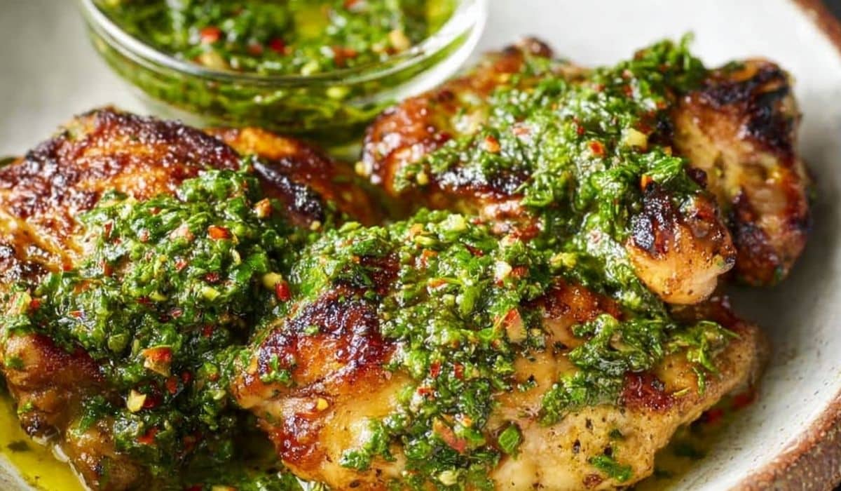 Chimichurri Chicken Thighs on a ceramic plate with fresh sauce