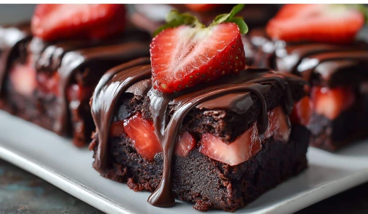Decadent chocolate covered strawberry brownies topped with fresh strawberries and drizzled with rich chocolate ganache.