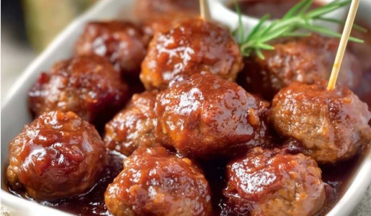Cranberry BBQ Meatballs served with tangy barbecue glaze