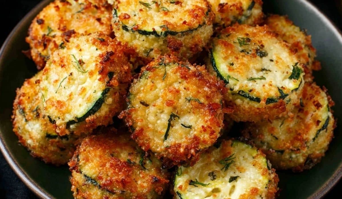 Crispy zucchini garlic bites served in a dark bowl, golden brown and garnished with herbs