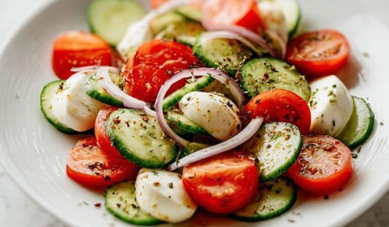 Fresh cucumber caprese salad with tomatoes, mozzarella, and basil on a white plate