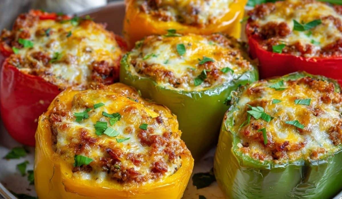 Easy Stuffed Bell Peppers filled with savory beef, rice, and melted cheese