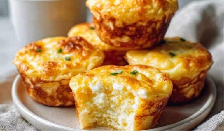 Fluffy Cottage Cheese Egg Muffins stacked on a plate with a bite showing the texture