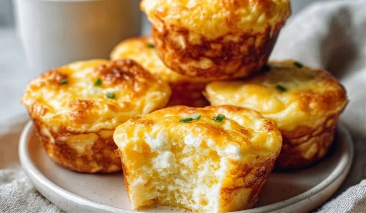 Fluffy Cottage Cheese Egg Muffins stacked on a plate with a bite showing the texture