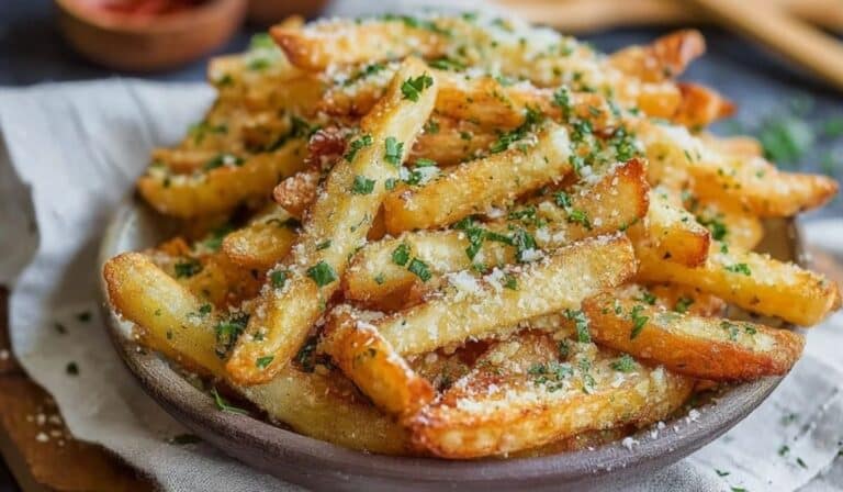 Garlic Parmesan French Fries served on a plate topped with parsley and grated parmesan