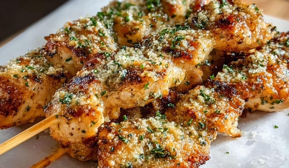 Grilled Ranch Garlic Parmesan Chicken Skewers stacked and served hot on a white platter