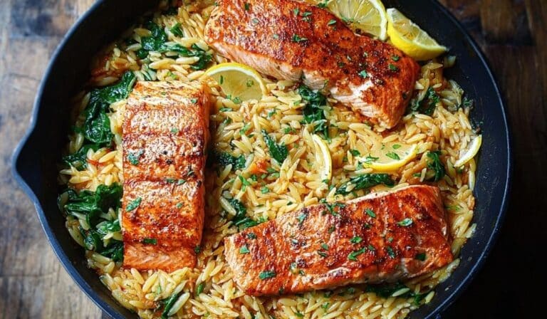 One Skillet Salmon with Lemon Orzo in cast iron pan