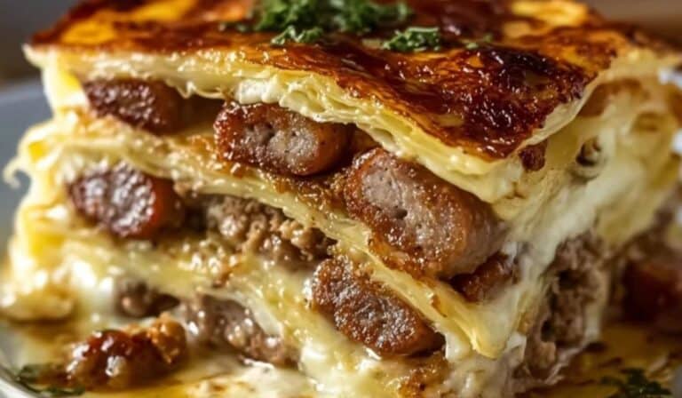 Featured Pancake Sausage Casserole layered with sausage and golden crust