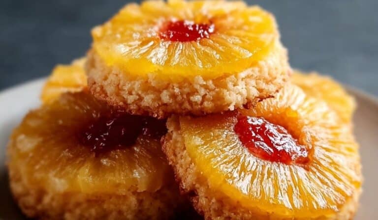 Pineapple Upside-Down Cookies stacked on a plate with caramelized pineapple and cherries