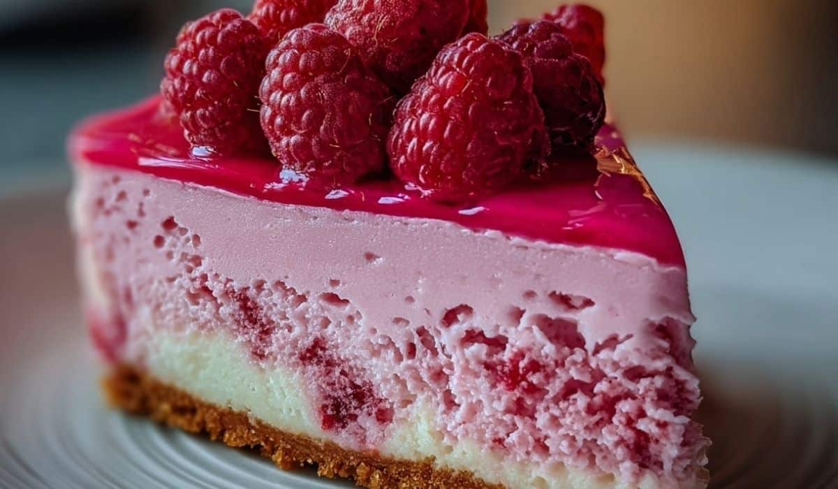 Slice of Pink Velvet Raspberry Cheesecake topped with fresh raspberries and glossy raspberry glaze