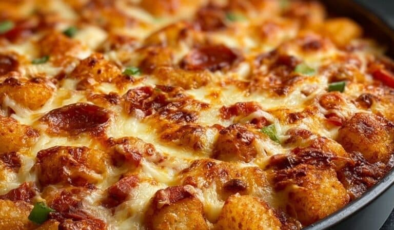 Pizza Tot Casserole baked with golden tater tots, cheese, and pepperoni