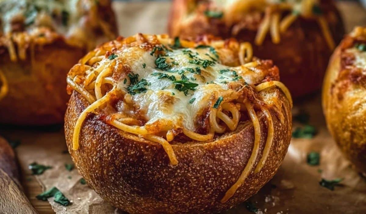 Spaghetti Garlic Bread Bowls served in crispy golden bread with melted cheese