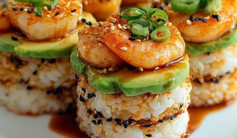 Spicy shrimp sushi stacks with avocado and soy glaze