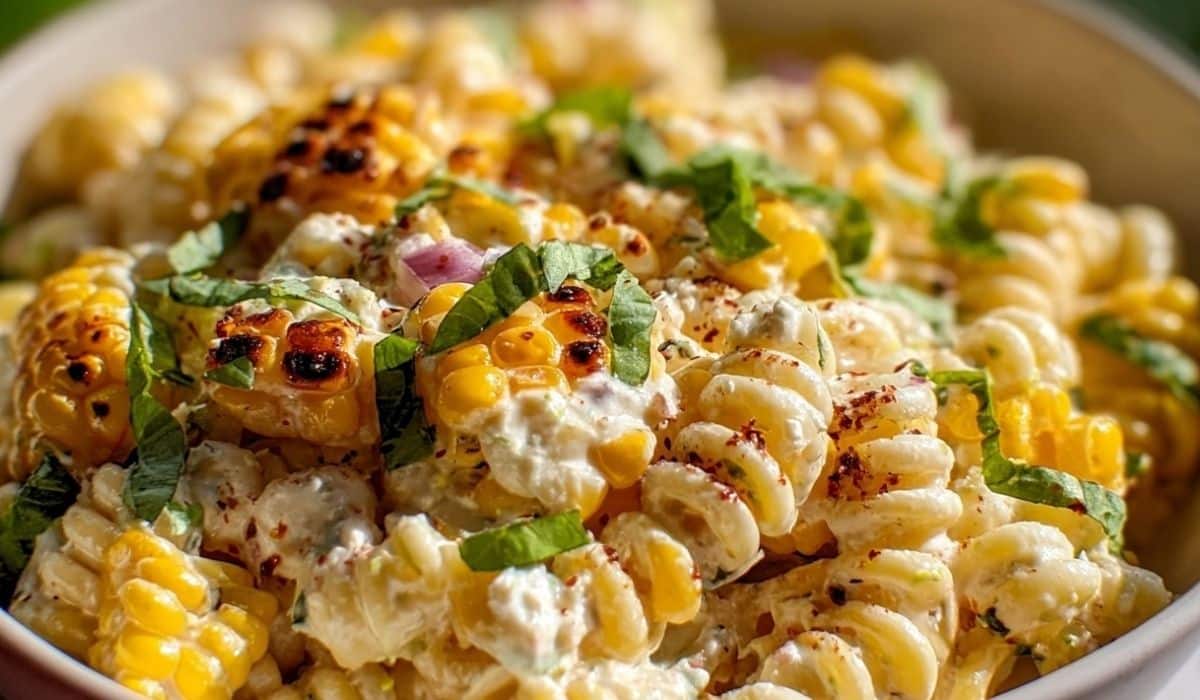 Creamy Street Corn Pasta Salad with charred corn and fresh herbs