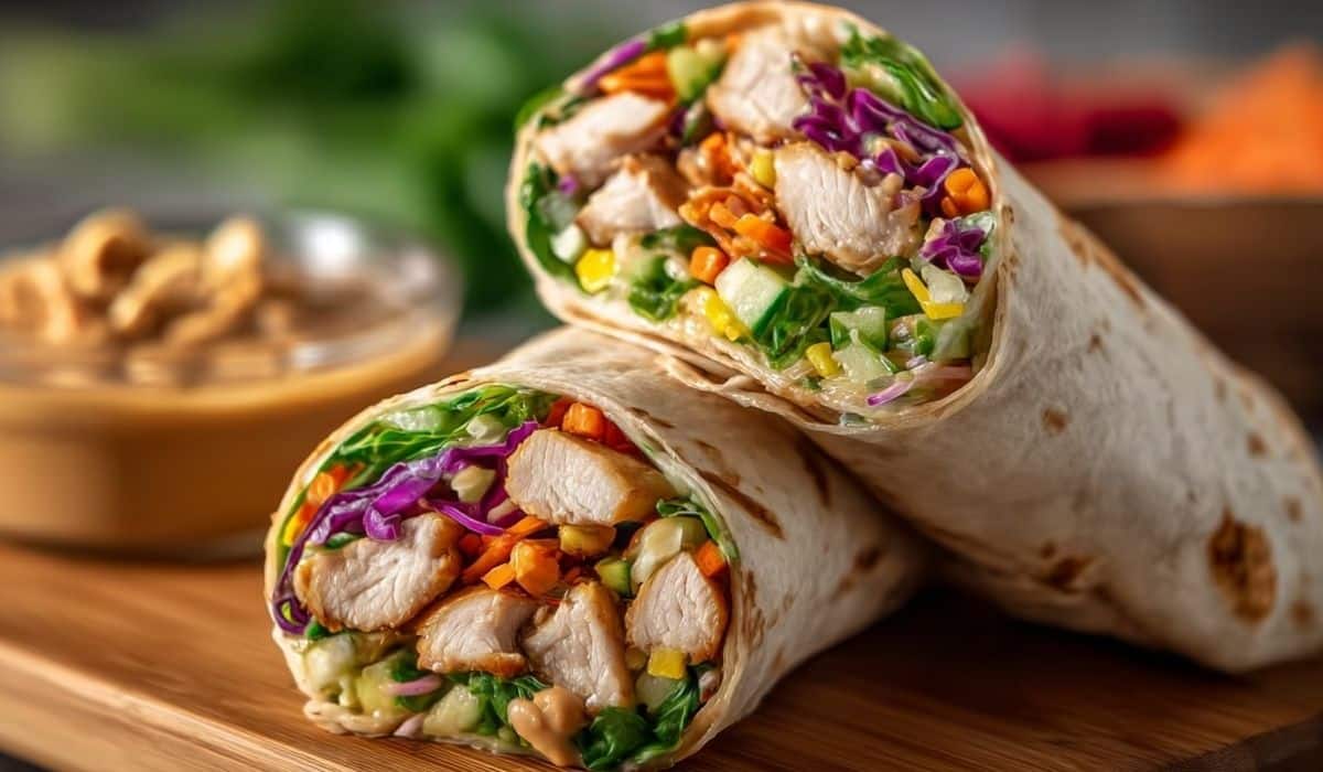 Thai Peanut Chicken Wraps filled with grilled chicken, shredded cabbage, and peanut sauce