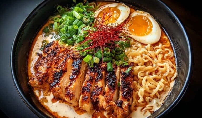 Fiery Chicken Ramen with Creamy Garlic Sauce topped with grilled chicken, green onions, and soft-boiled eggs