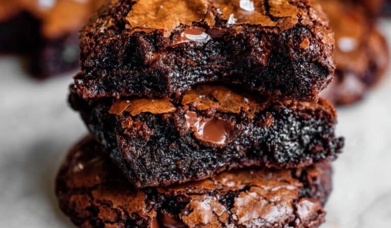 Fudgy Chewy Browkies stacked with gooey chocolate chunks and flaky sea salt