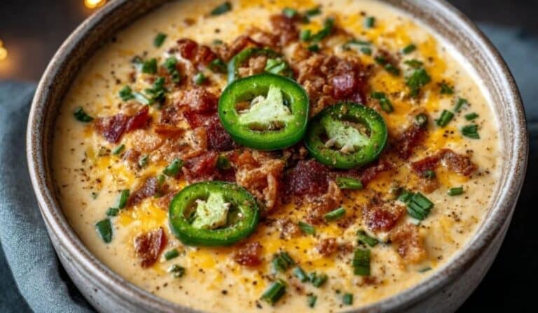 Creamy Jalapeno Popper Soup topped with bacon and jalapeño slices