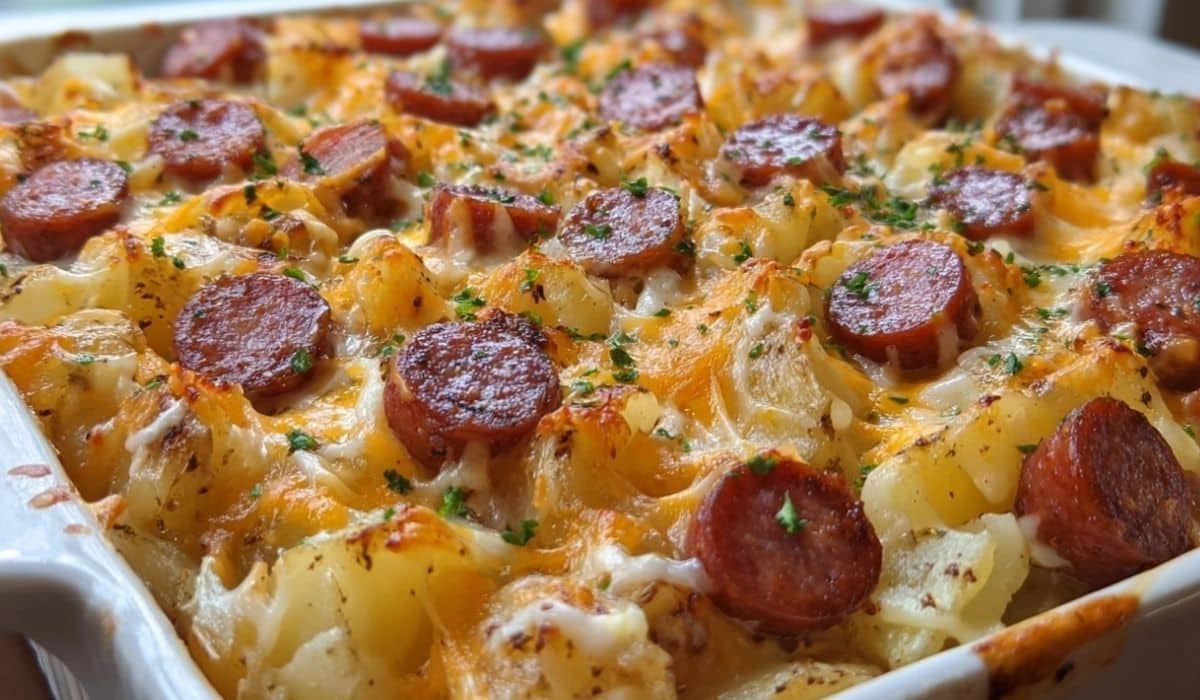 Kielbasa Sausage Cheesy Potato Casserole baked in a white dish
