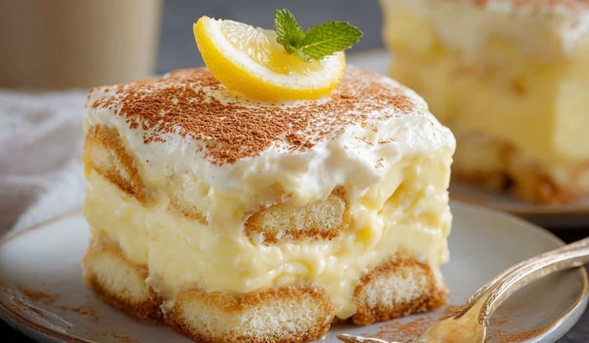Slice of lemon tiramisu with creamy layers and candied lemon garnish