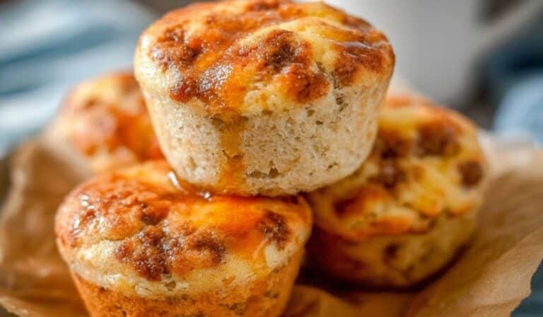 McGriddle Muffins stacked on parchment paper with melted cheese