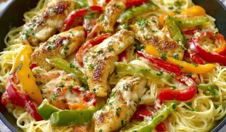 Olive Garden Chicken Scampi with garlic cream sauce, peppers, and pasta