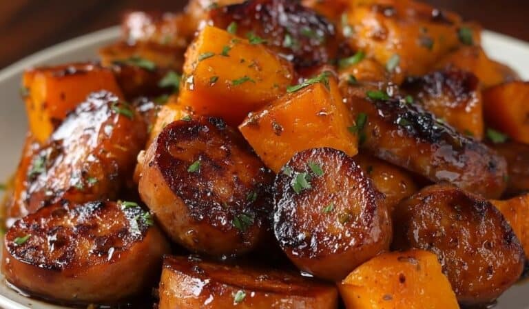 Sausage and sweet potatoes with honey garlic sauce served on a white plate