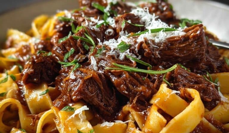 Short Rib Ragu topped with herbs and Parmesan on tagliatelle